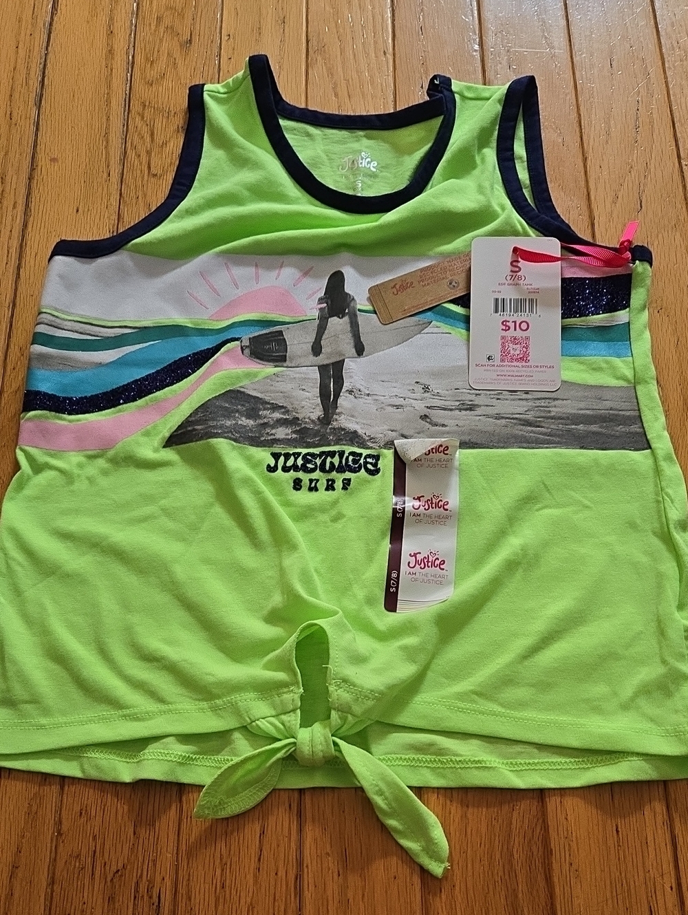 Justice Neon Lime Surf Graphic Tie-Front Tank New 7/8